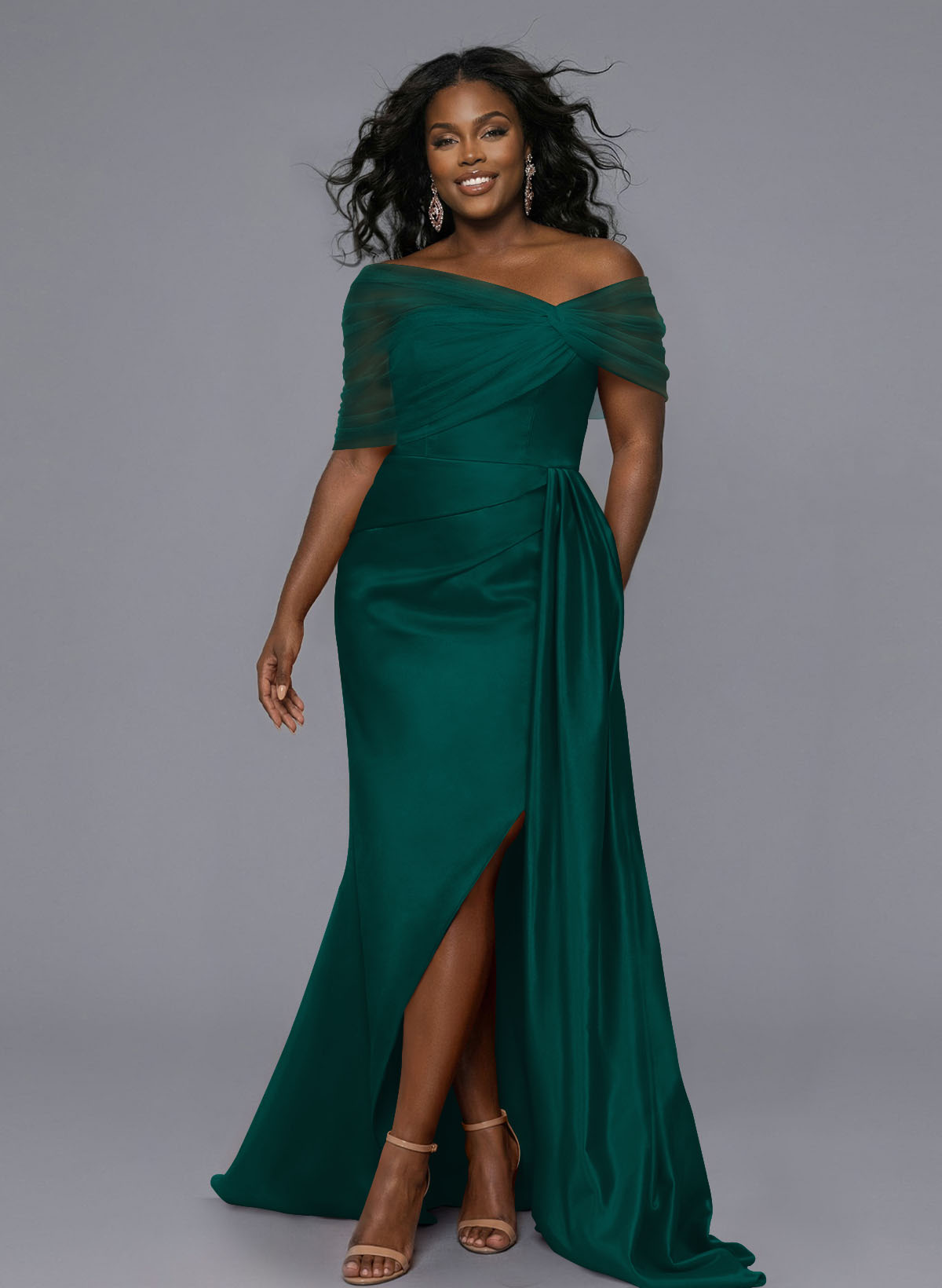 Elegant Tulle Asymmetrical Neckline Satin Bridesmaid Dresses With Split Front/Sweeping Side Drape, product image 145
