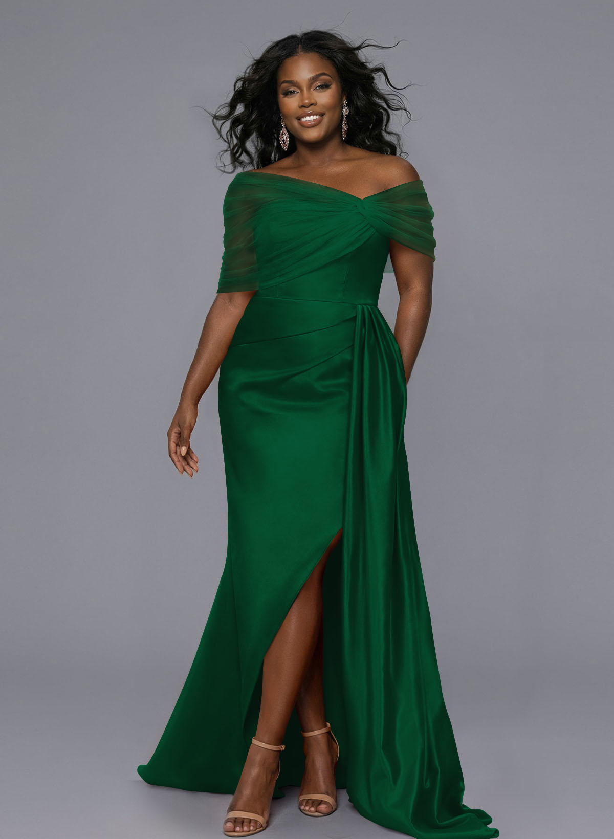 Elegant Tulle Asymmetrical Neckline Satin Bridesmaid Dresses With Split Front/Sweeping Side Drape, product image 149
