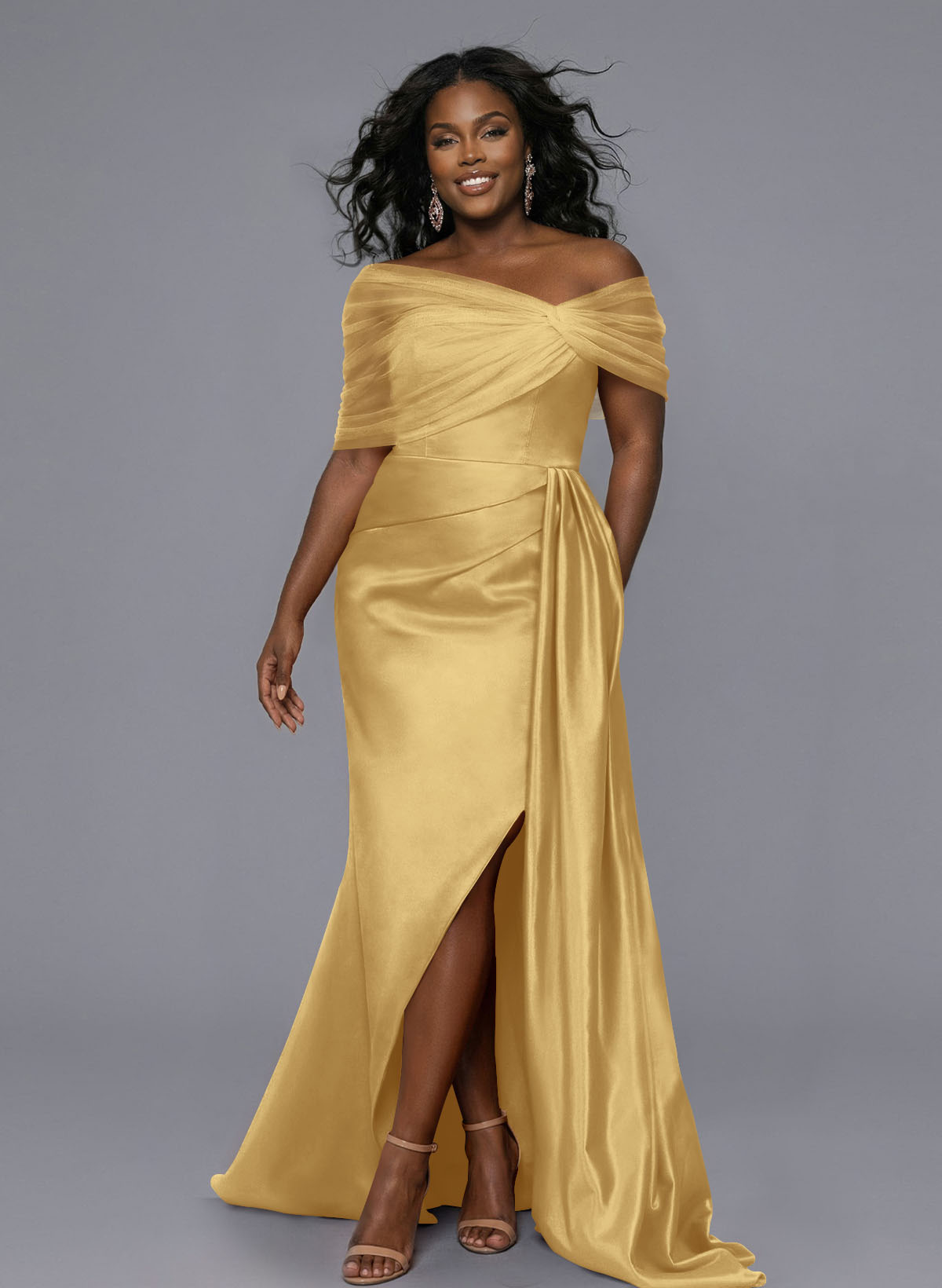 Elegant Tulle Asymmetrical Neckline Satin Bridesmaid Dresses With Split Front/Sweeping Side Drape, product image 175