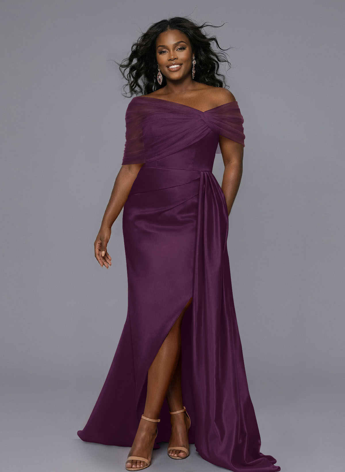 Elegant Tulle Asymmetrical Neckline Satin Bridesmaid Dresses With Split Front/Sweeping Side Drape, product image 205
