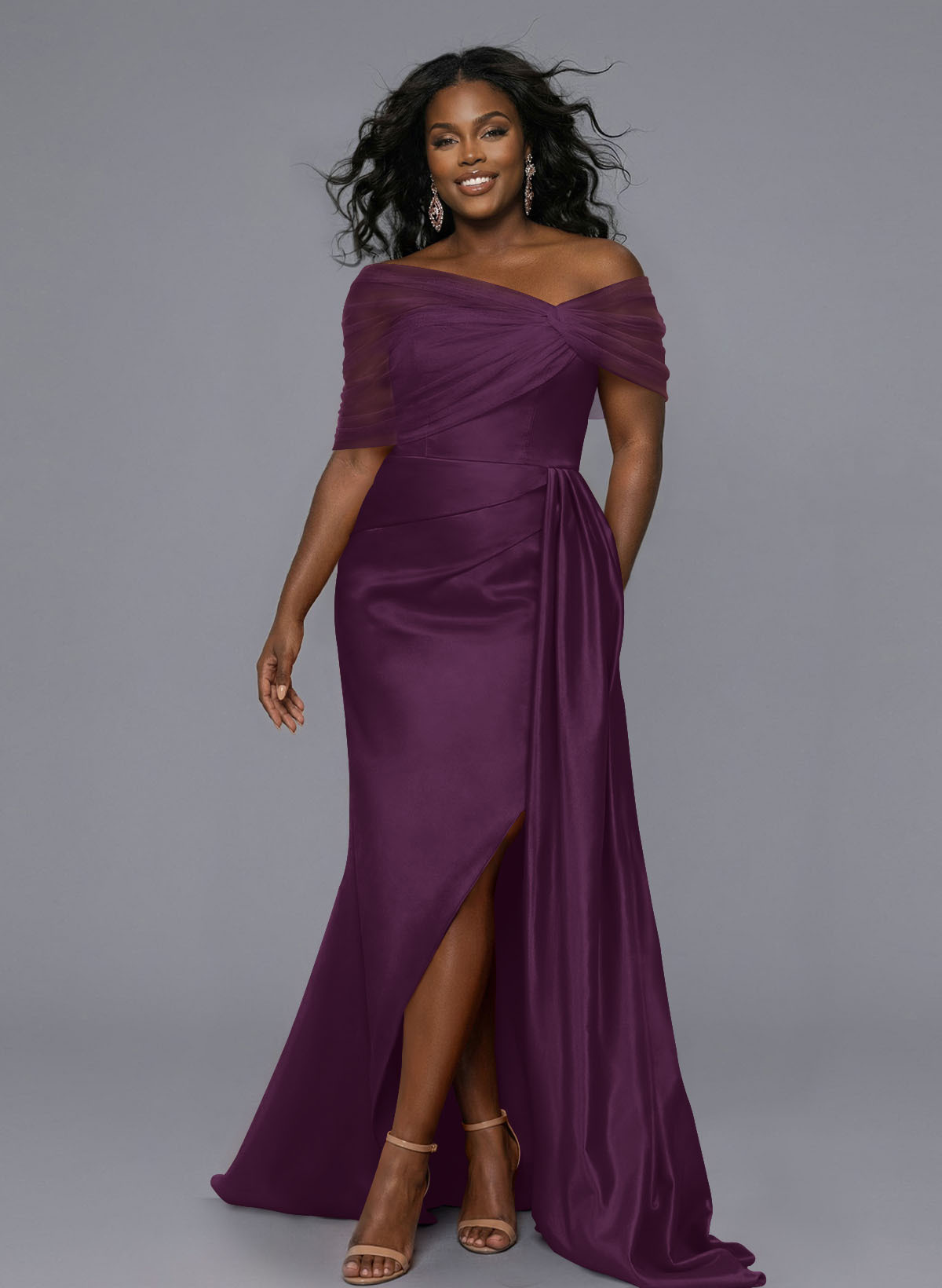 Elegant Tulle Asymmetrical Neckline Satin Bridesmaid Dresses With Split Front/Sweeping Side Drape, product image 205
