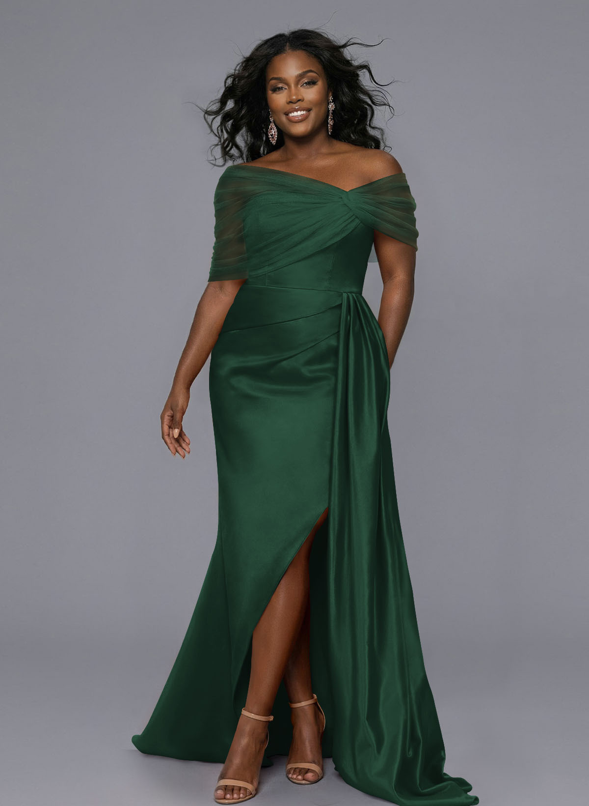 Elegant Tulle Asymmetrical Neckline Satin Bridesmaid Dresses With Split Front/Sweeping Side Drape, product image 195