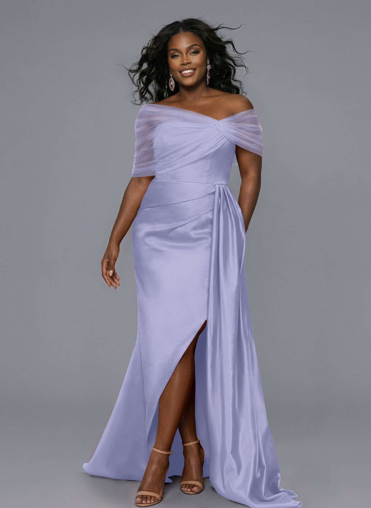 Elegant Tulle Asymmetrical Neckline Satin Bridesmaid Dresses With Split Front/Sweeping Side Drape, product image 209