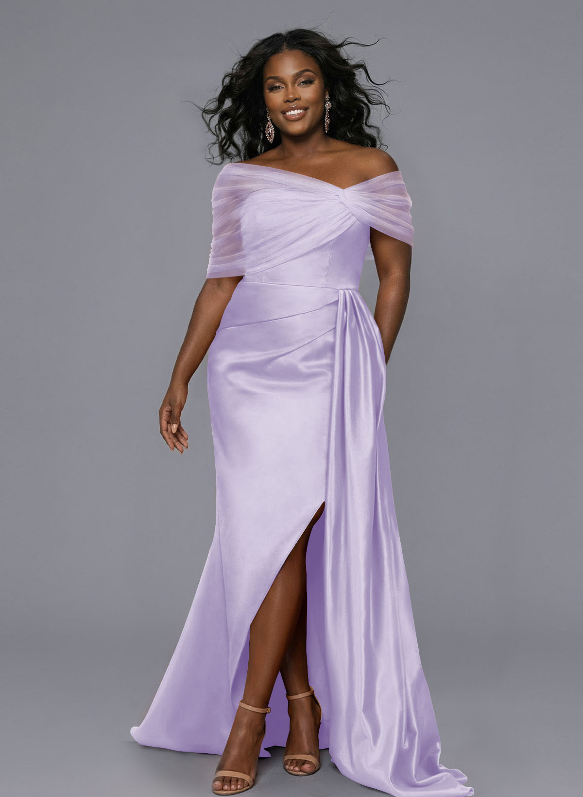 Elegant Tulle Asymmetrical Neckline Satin Bridesmaid Dresses With Split Front/Sweeping Side Drape, product image 211