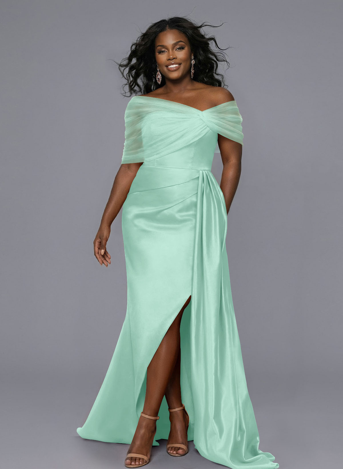 Elegant Tulle Asymmetrical Neckline Satin Bridesmaid Dresses With Split Front/Sweeping Side Drape, product image 185