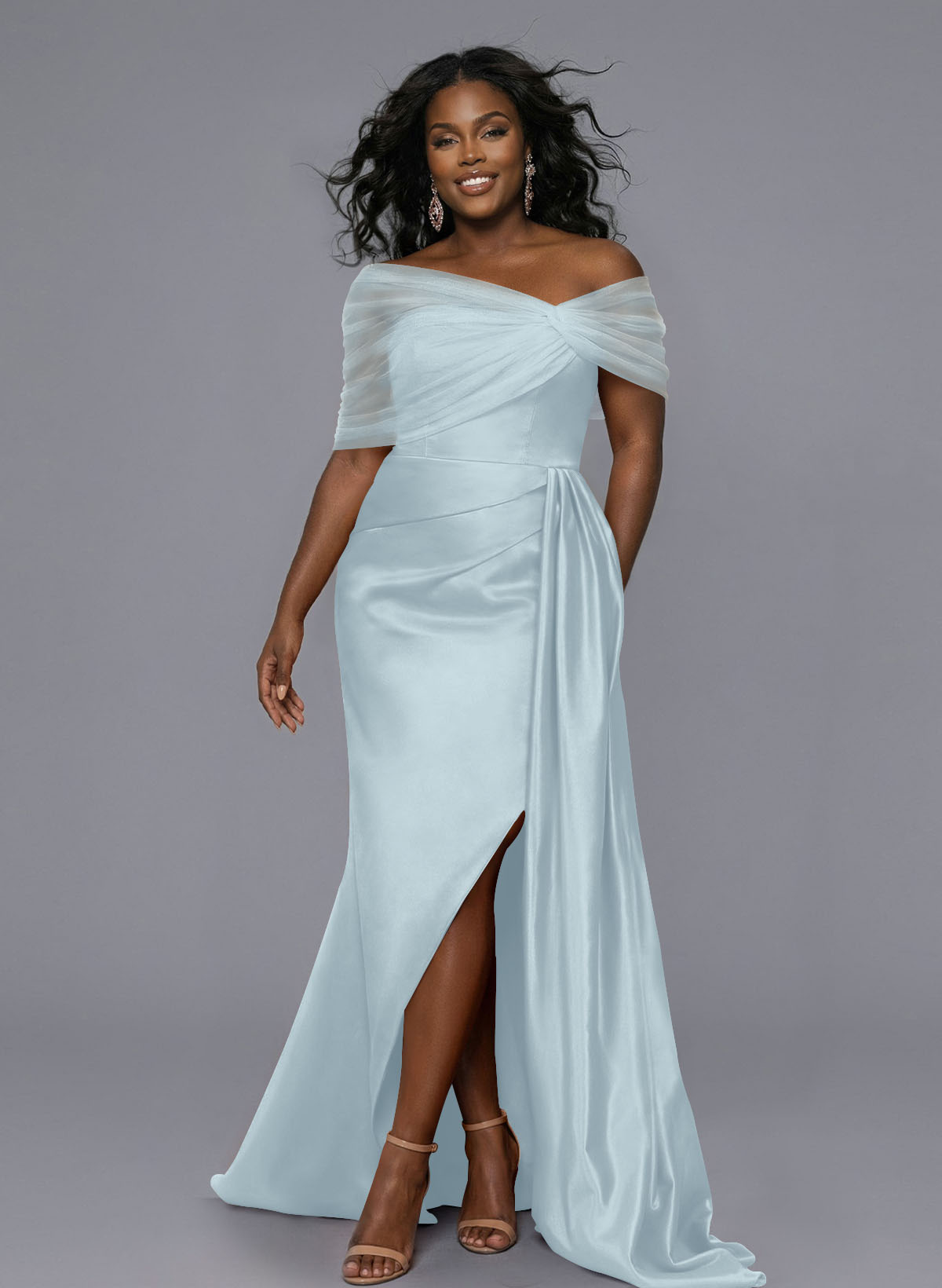 Elegant Tulle Asymmetrical Neckline Satin Bridesmaid Dresses With Split Front/Sweeping Side Drape, product image 249