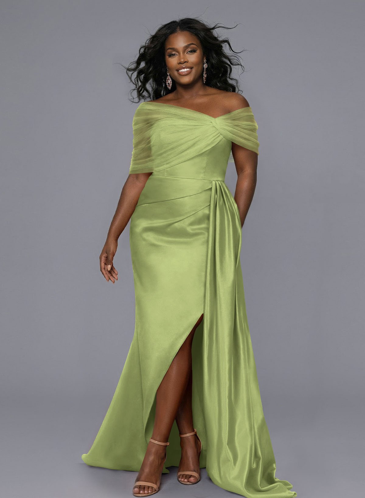 Elegant Tulle Asymmetrical Neckline Satin Bridesmaid Dresses With Split Front/Sweeping Side Drape, product image 143
