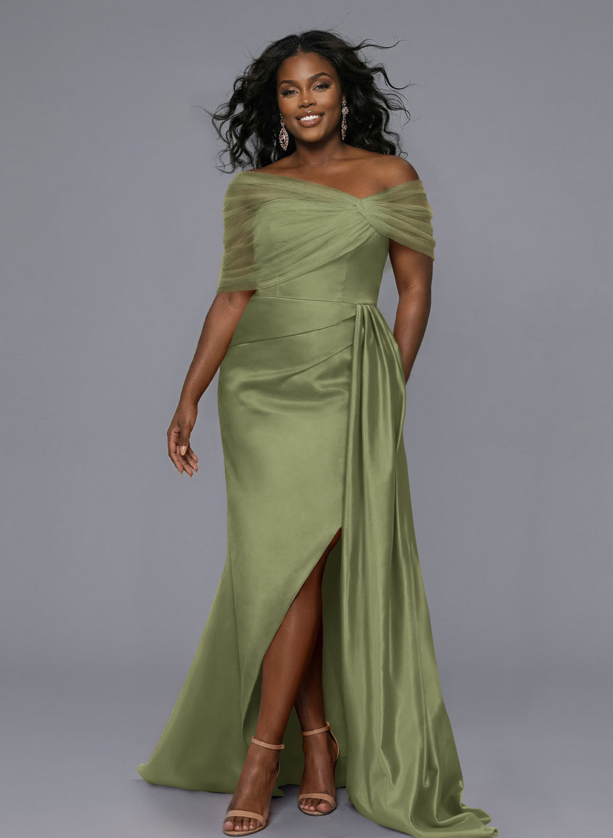 Elegant Tulle Asymmetrical Neckline Satin Bridesmaid Dresses With Split Front/Sweeping Side Drape, product image 153