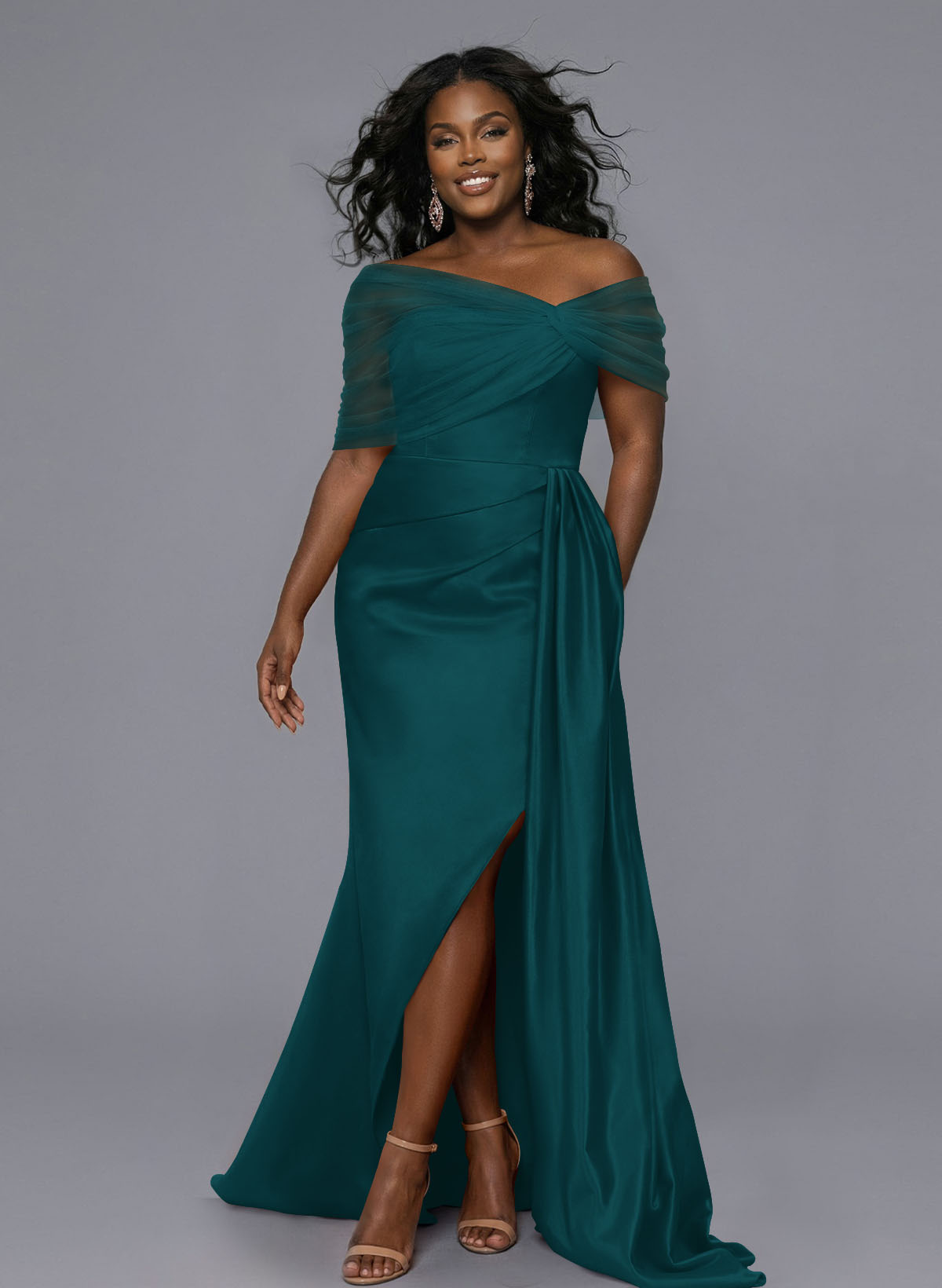 Elegant Tulle Asymmetrical Neckline Satin Bridesmaid Dresses With Split Front/Sweeping Side Drape, product image 193
