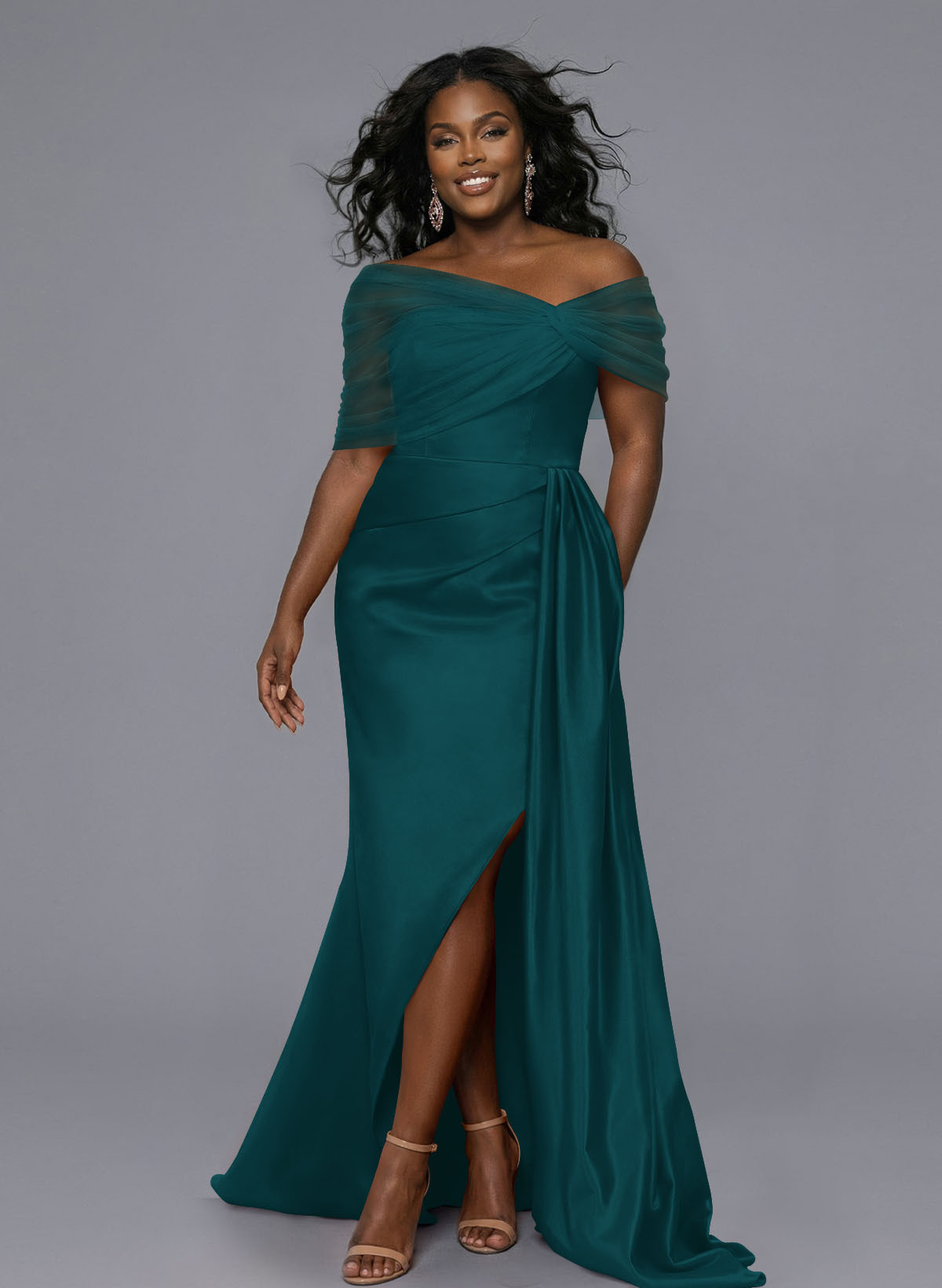 Elegant Tulle Asymmetrical Neckline Satin Bridesmaid Dresses With Split Front/Sweeping Side Drape, product image 193