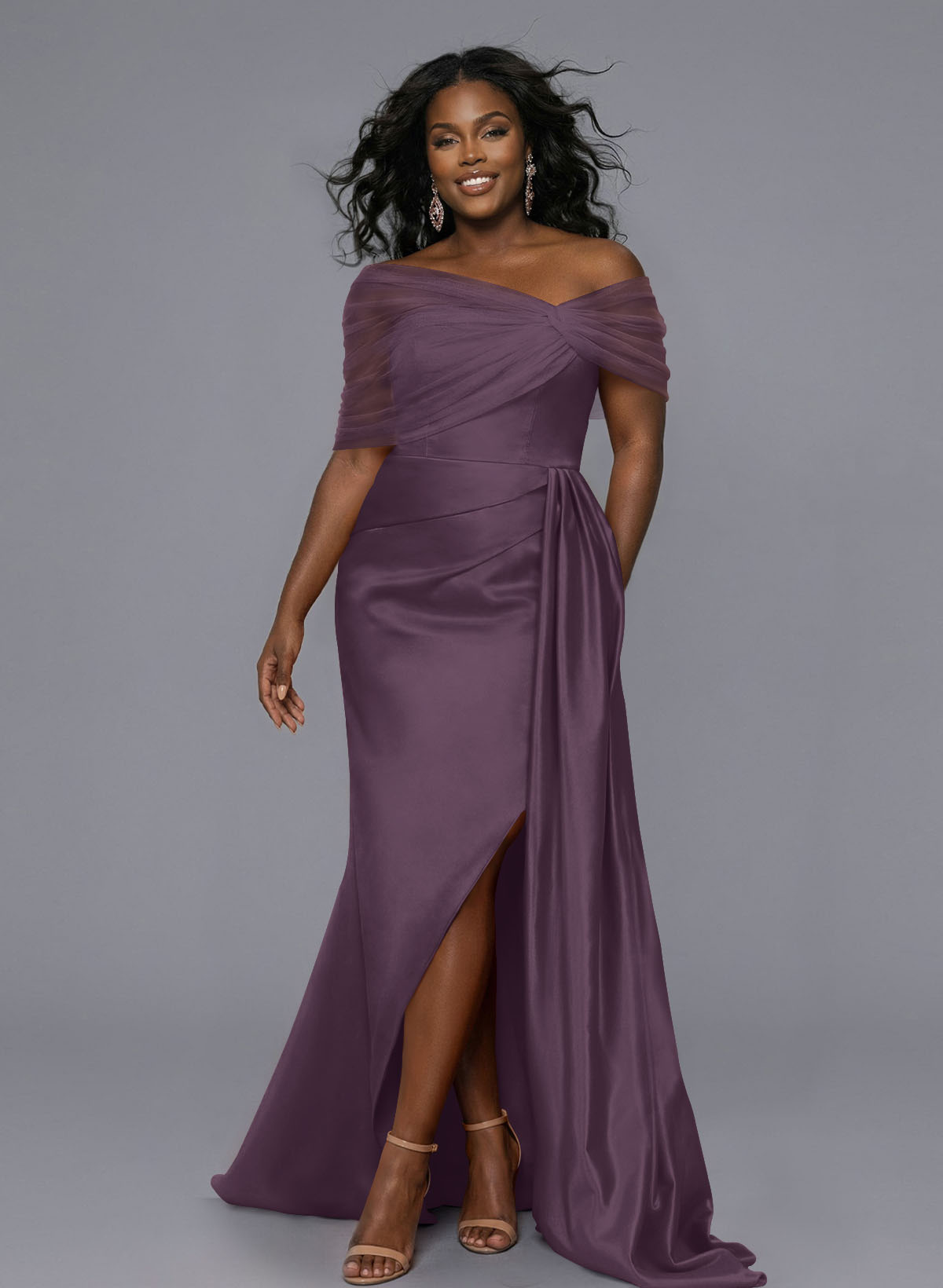 Elegant Tulle Asymmetrical Neckline Satin Bridesmaid Dresses With Split Front/Sweeping Side Drape, product image 155
