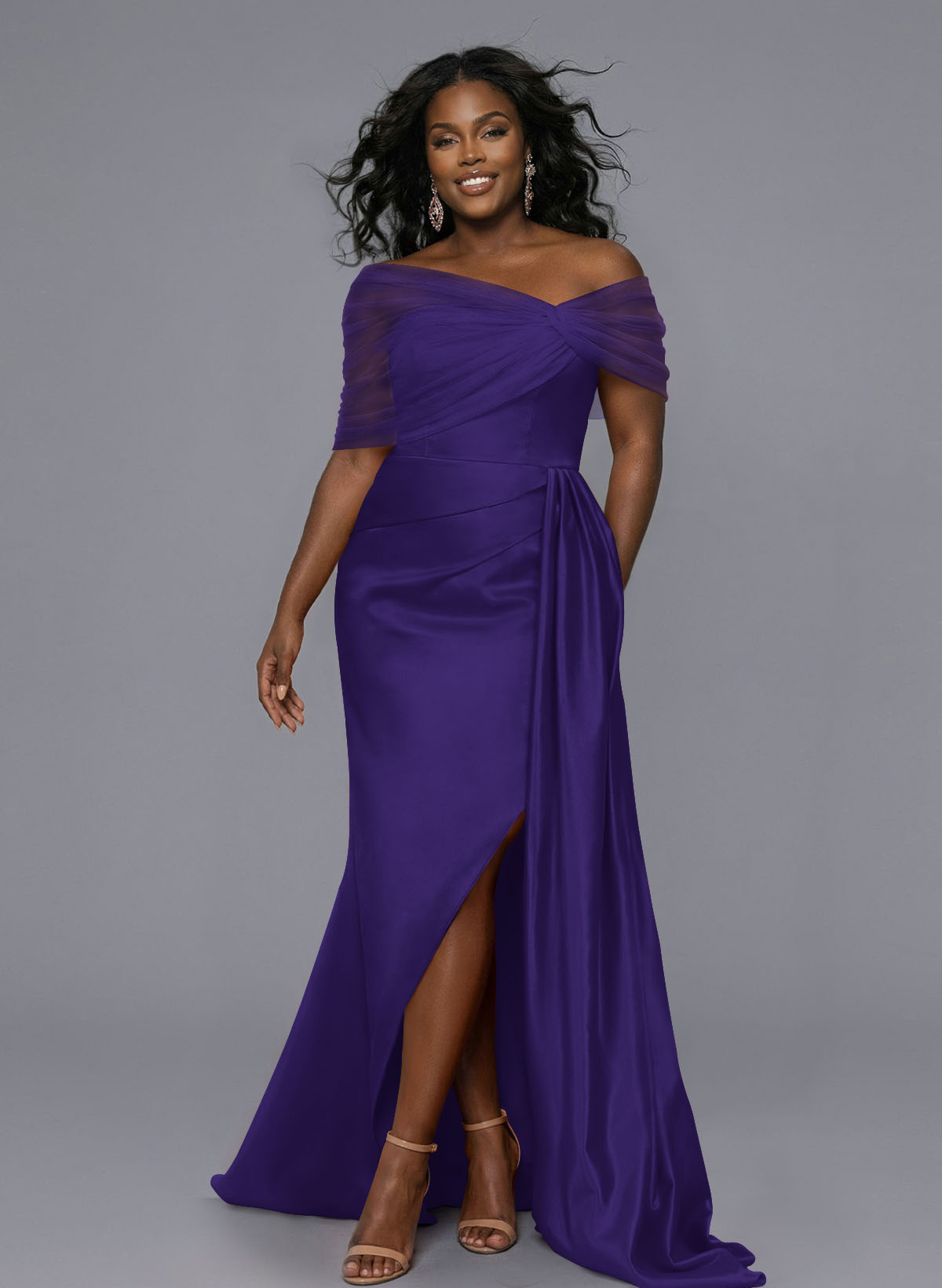 Elegant Tulle Asymmetrical Neckline Satin Bridesmaid Dresses With Split Front/Sweeping Side Drape, product image 199