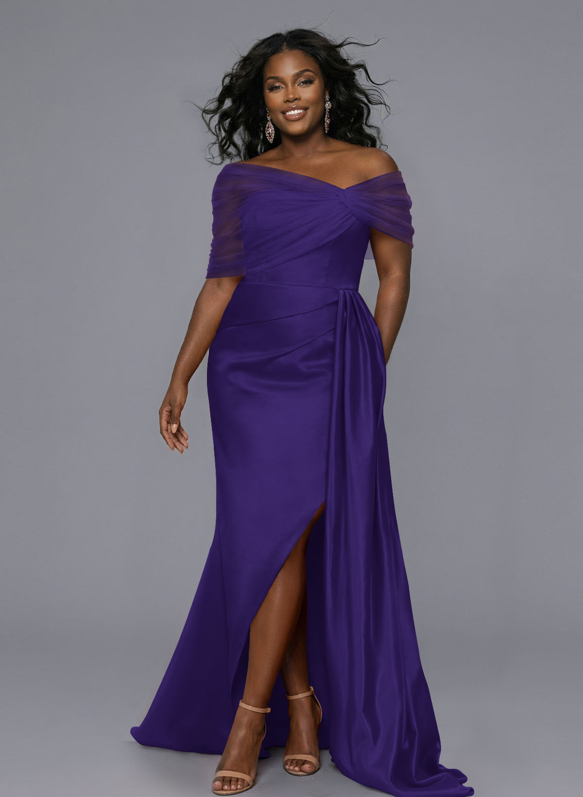 Elegant Tulle Asymmetrical Neckline Satin Bridesmaid Dresses With Split Front/Sweeping Side Drape, product image 199