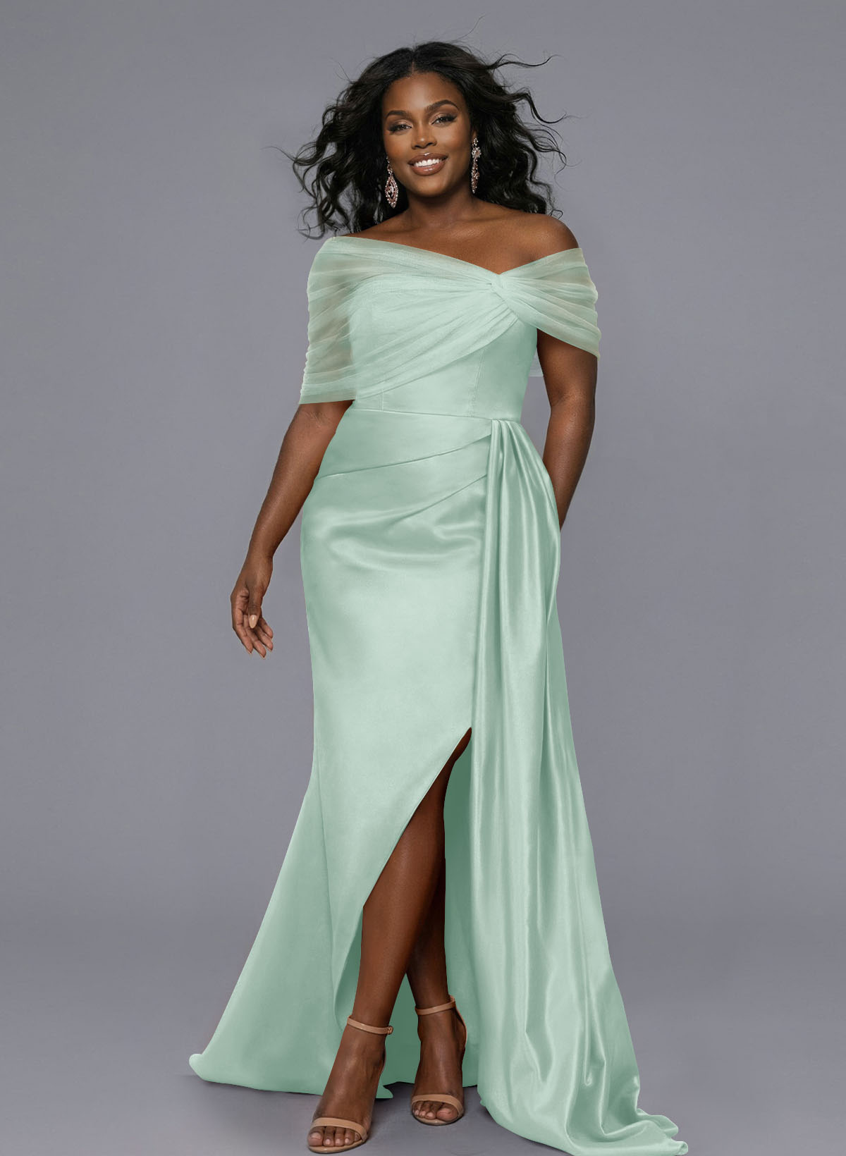 Elegant Tulle Asymmetrical Neckline Satin Bridesmaid Dresses With Split Front/Sweeping Side Drape, product image 187