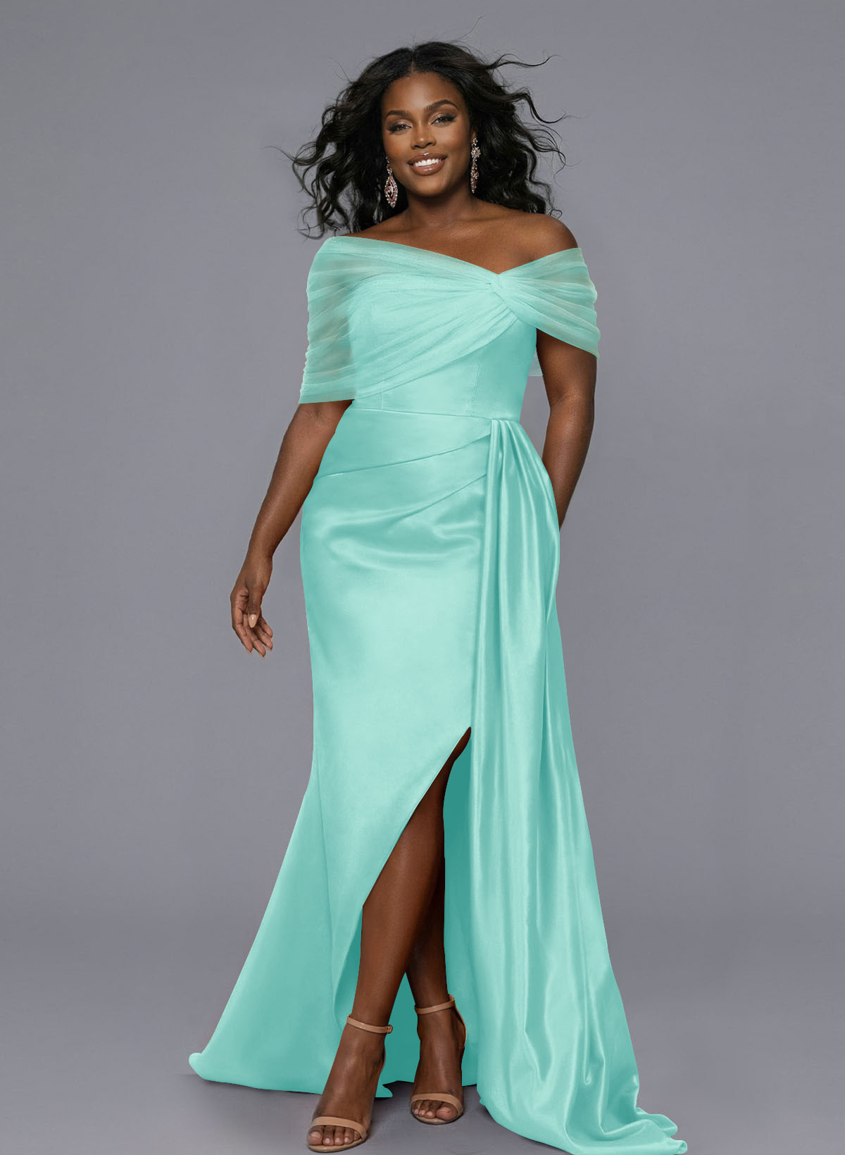 Elegant Tulle Asymmetrical Neckline Satin Bridesmaid Dresses With Split Front/Sweeping Side Drape, product image 183