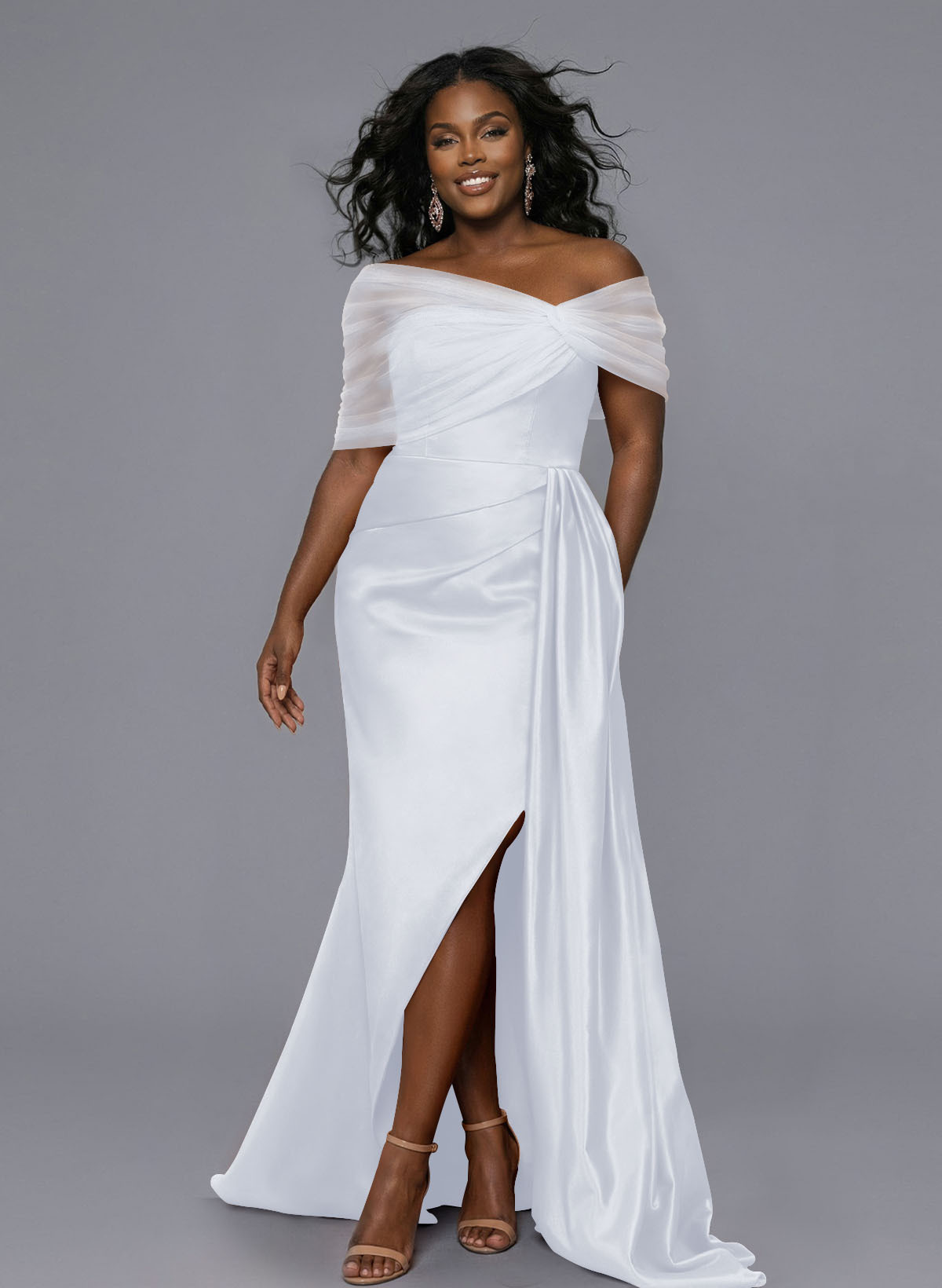Elegant Tulle Asymmetrical Neckline Satin Bridesmaid Dresses With Split Front/Sweeping Side Drape, product image 165