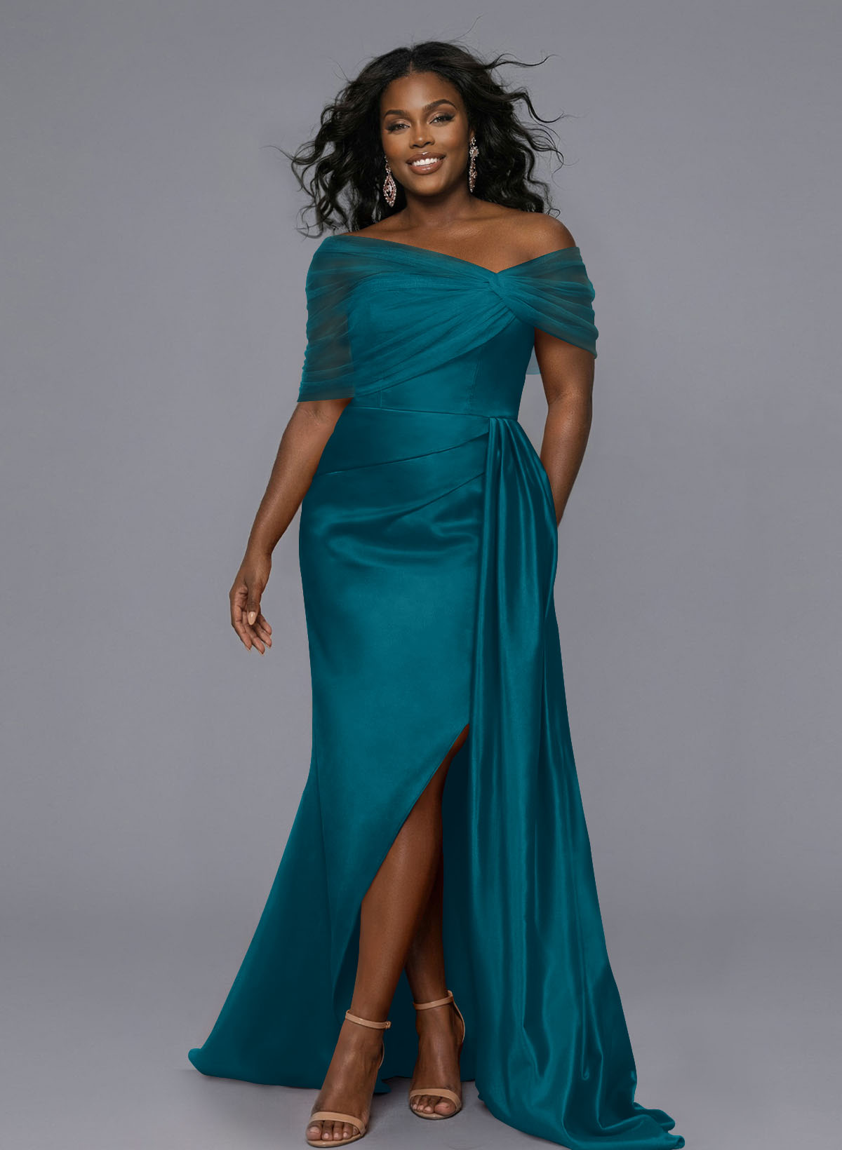 Elegant Tulle Asymmetrical Neckline Satin Bridesmaid Dresses With Split Front/Sweeping Side Drape, product image 261