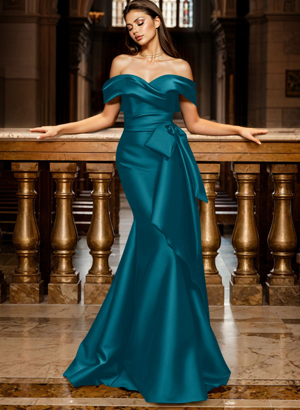 Trumpet/Mermaid Off-The-Shoulder Sleeveless Sweep Train Satin Bridesmaid Dresses, product image 15