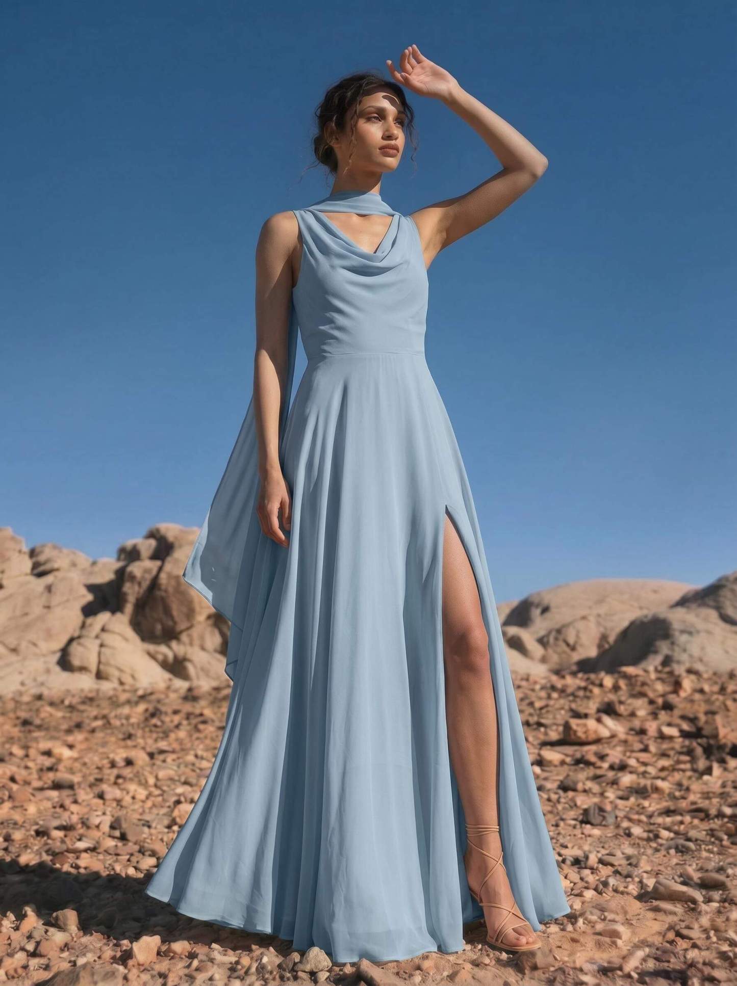 A-Line Cowl Neck Sleeveless Floor-Length Chiffon Bridesmaid Dresses With High Split, image 5