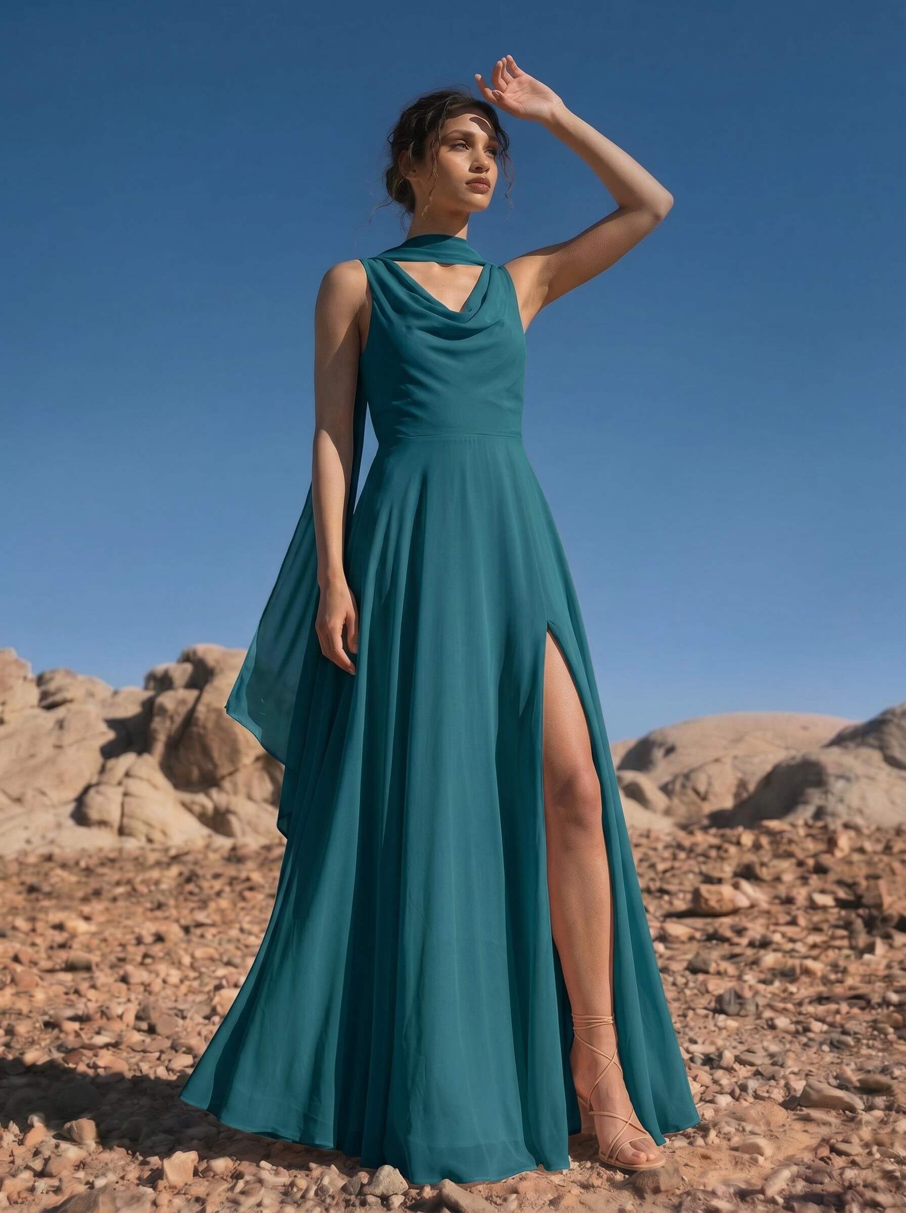 A-Line Cowl Neck Sleeveless Floor-Length Chiffon Bridesmaid Dresses With High Split, image 8