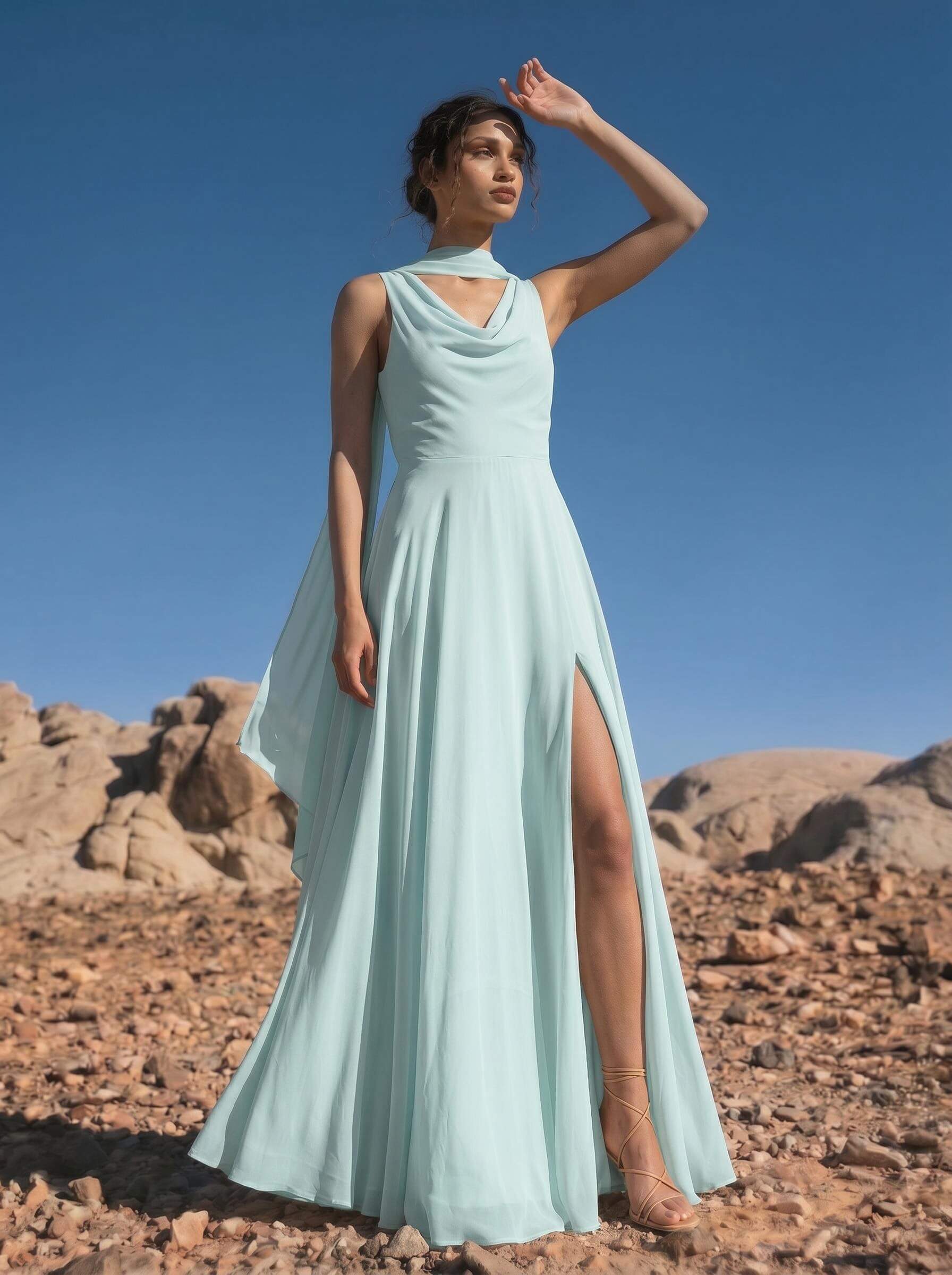 A-Line Cowl Neck Sleeveless Floor-Length Chiffon Bridesmaid Dresses With High Split, image 14