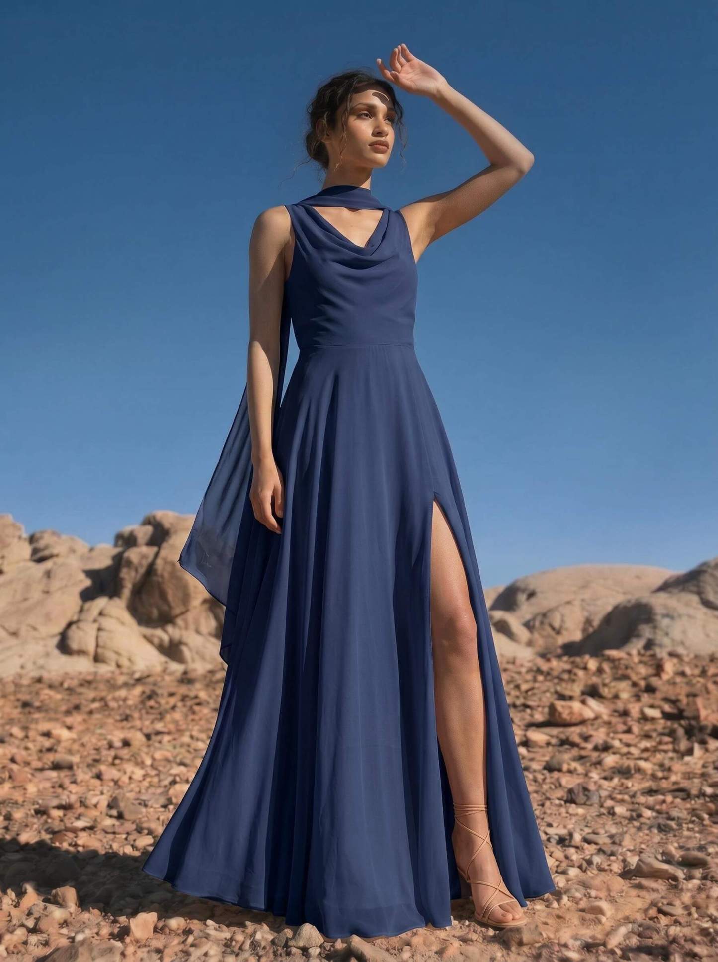 A-Line Cowl Neck Sleeveless Floor-Length Chiffon Bridesmaid Dresses With High Split, image 4