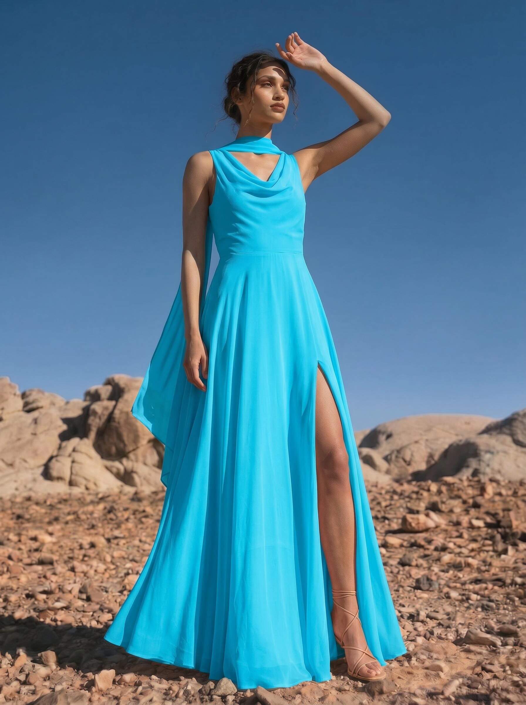 A-Line Cowl Neck Sleeveless Floor-Length Chiffon Bridesmaid Dresses With High Split, image 11