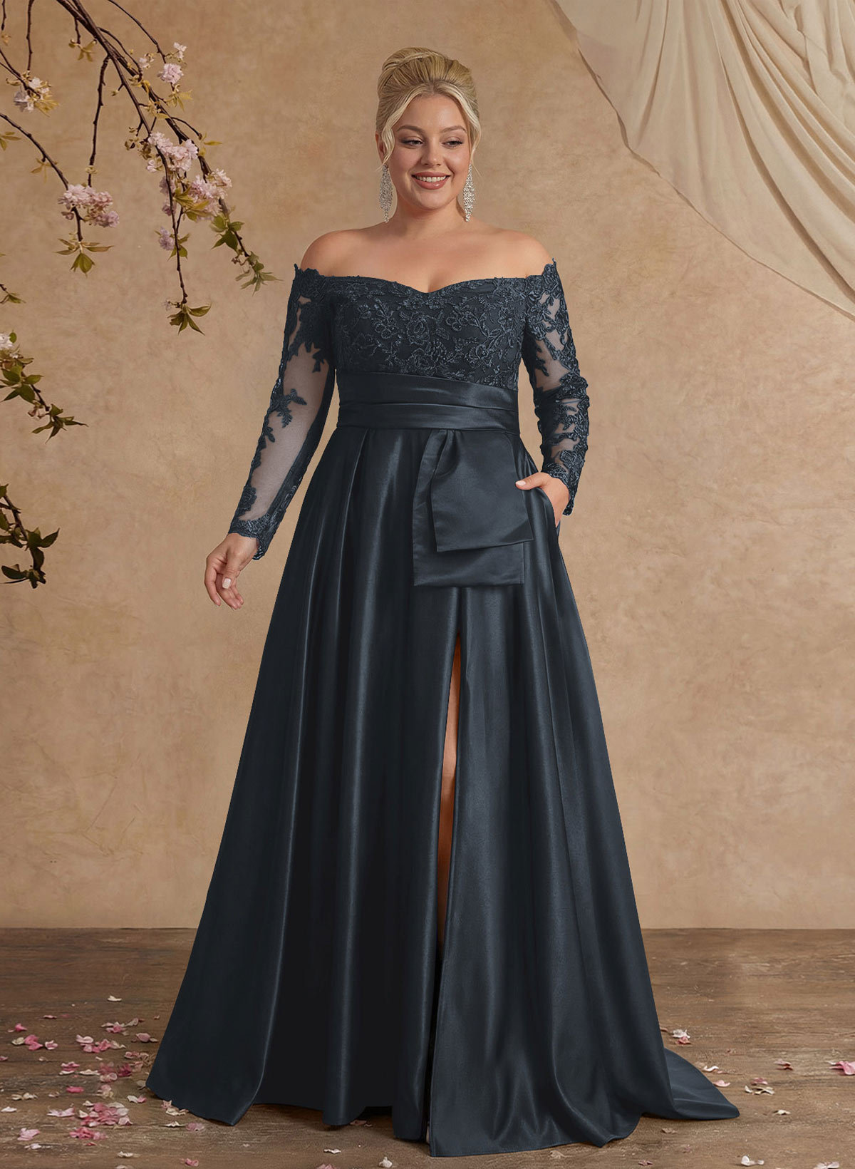 A-Line Off-The-Shoulder 3/4 Sleeves Sweep Train Lace/Satin Mother Of The Bride Dresses