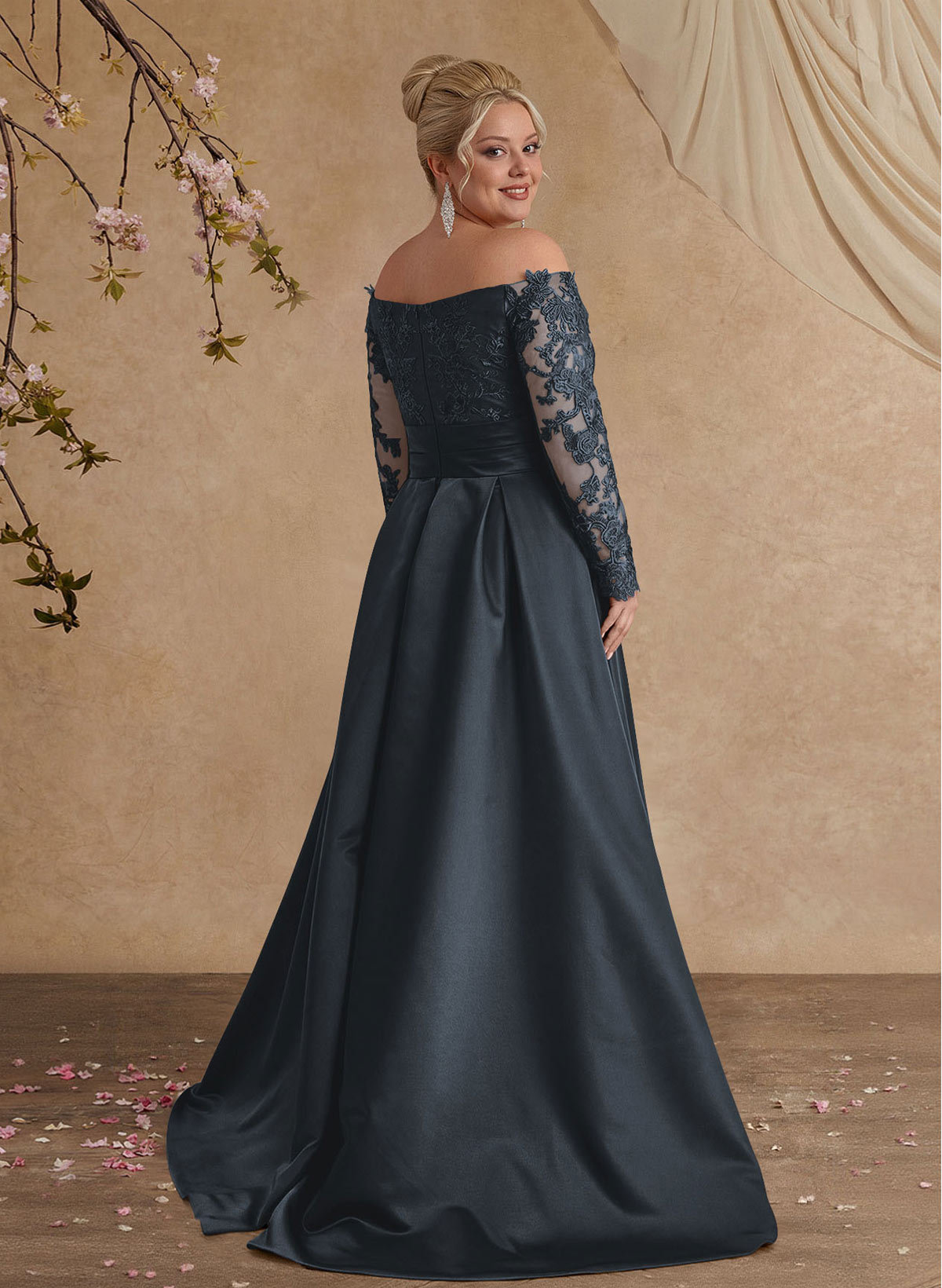 A-Line Off-The-Shoulder 3/4 Sleeves Sweep Train Lace/Satin Mother Of The Bride Dresses