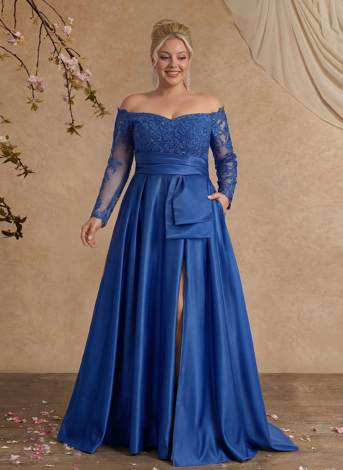 A-Line Off-The-Shoulder 3/4 Sleeves Sweep Train Lace/Satin Mother Of The Bride Dresses