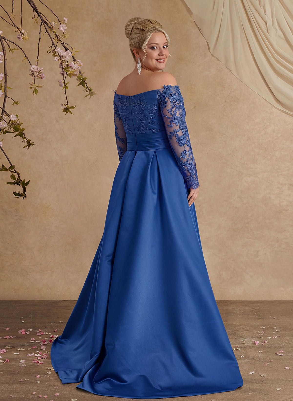 A-Line Off-The-Shoulder 3/4 Sleeves Sweep Train Lace/Satin Mother Of The Bride Dresses