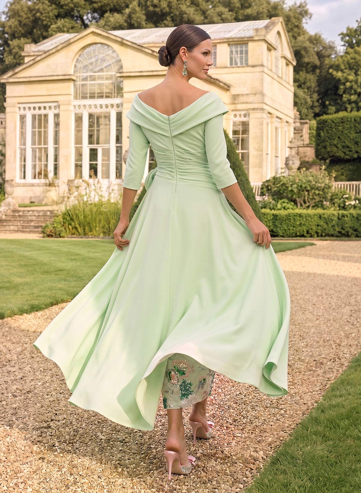 A-Line V-Neck 3/4 Sleeves Tea-Length Lace/Elastic Satin Mother Of The Bride Dresses