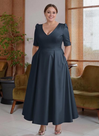 A-Line V-Neck 1/2 Sleeves Ankle-Length Satin Mother Of The Bride Dresses