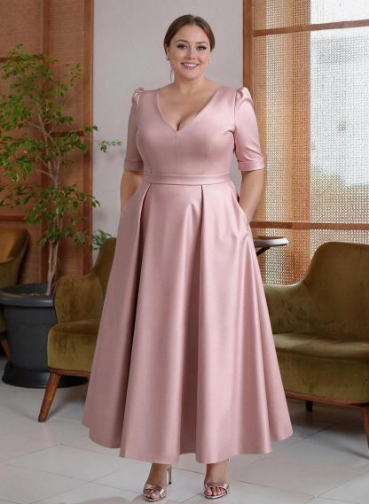 A-Line V-Neck 1/2 Sleeves Ankle-Length Satin Mother Of The Bride Dresses