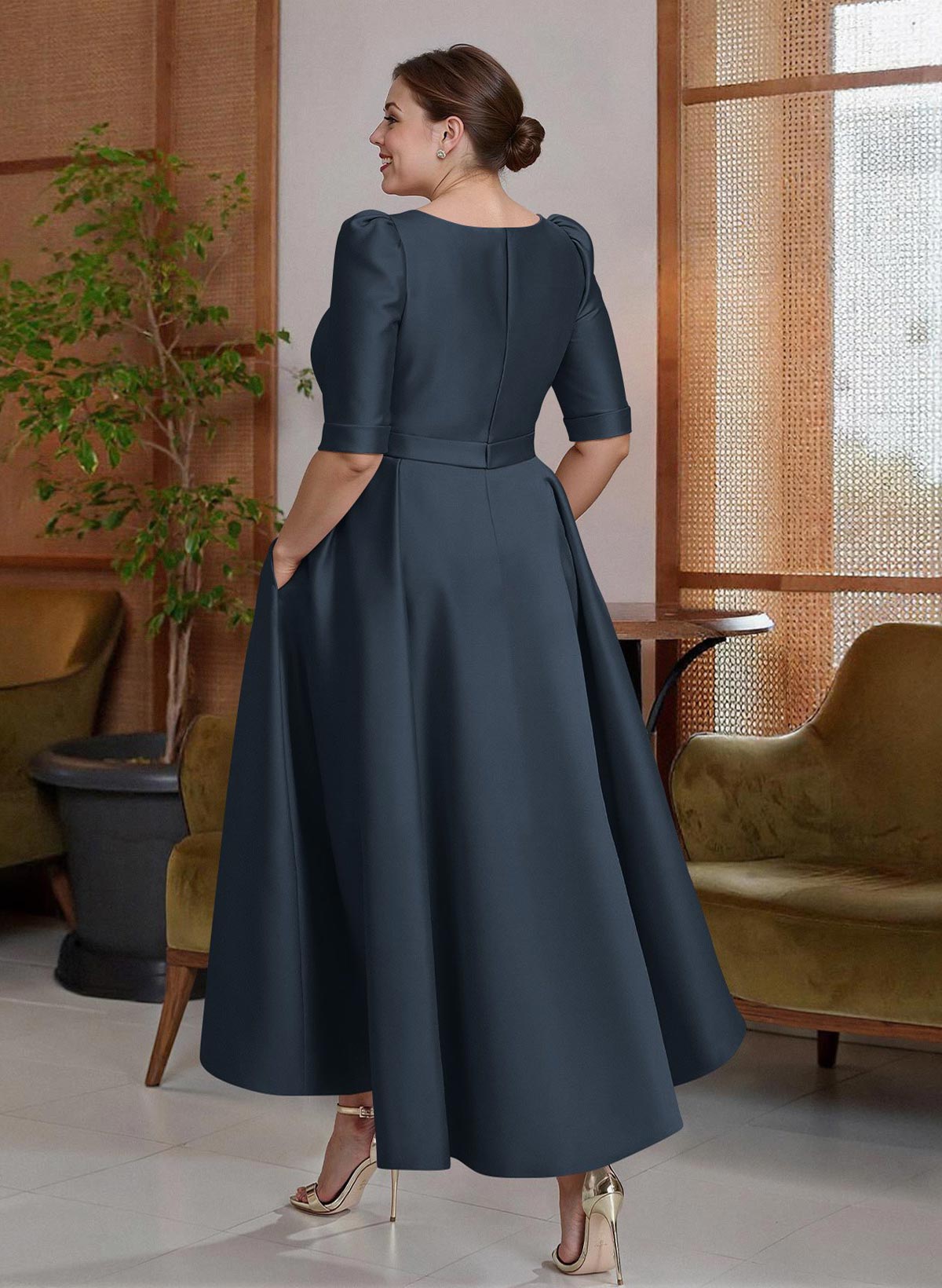 A-Line V-Neck 1/2 Sleeves Ankle-Length Satin Mother Of The Bride Dresses