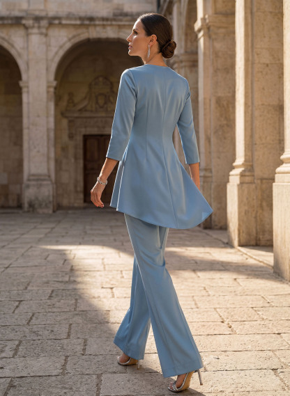 Jumpsuit/Pantsuit V-Neck 3/4 Sleeves Floor-Length Crepe Satin Mother Of The Bride Dresses