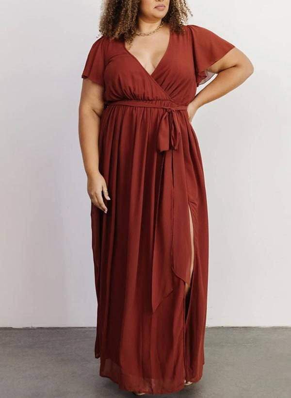A-Line V-Neck Short Sleeves Chiffon Floor-Length Bridesmaid Dresses With Bow(s), product image 138