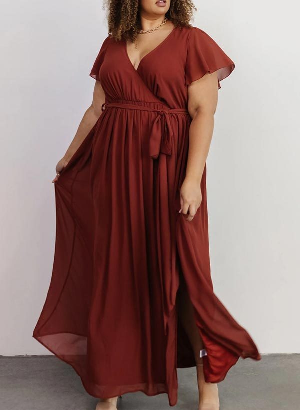 A-Line V-Neck Short Sleeves Chiffon Floor-Length Bridesmaid Dresses With Bow(s), product image 139