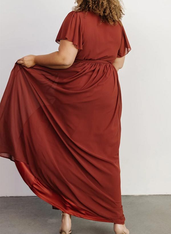 A-Line V-Neck Short Sleeves Chiffon Floor-Length Bridesmaid Dresses With Bow(s), product image 140