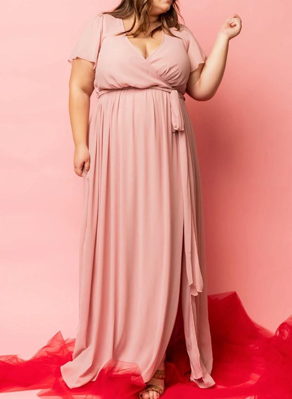 A-Line V-Neck Short Sleeves Chiffon Floor-Length Bridesmaid Dresses With Bow(s), product image 143