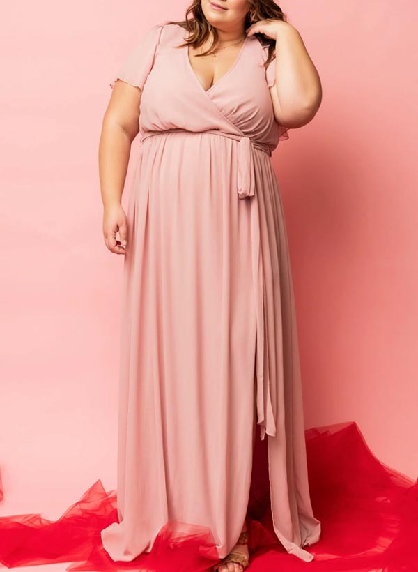 A-Line V-Neck Short Sleeves Chiffon Floor-Length Bridesmaid Dresses With Bow(s), product image 144