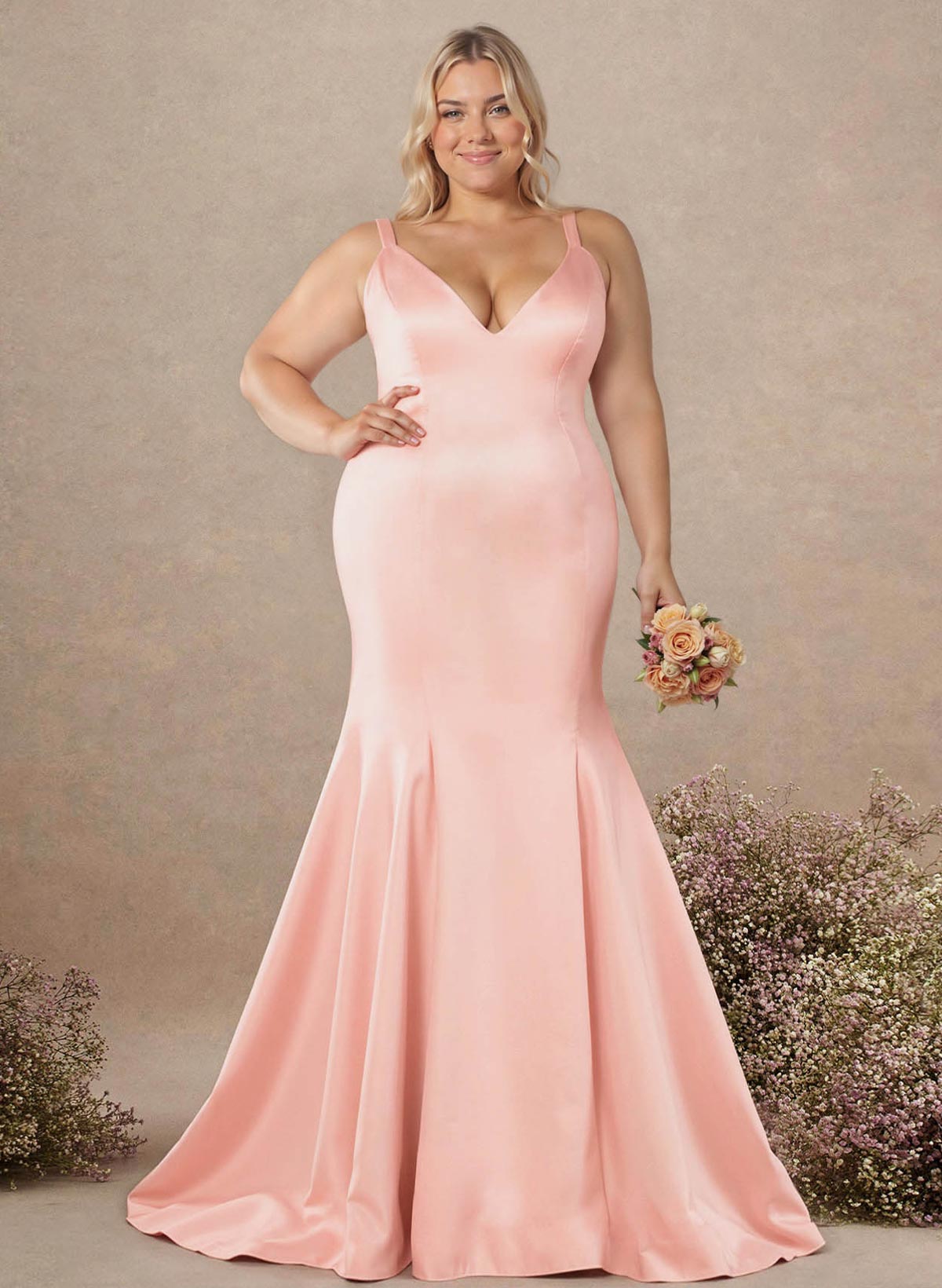 Trumpet/Mermaid V-Neck Sleeveless Sweep Train Satin Bridesmaid Dresses, product image 75
