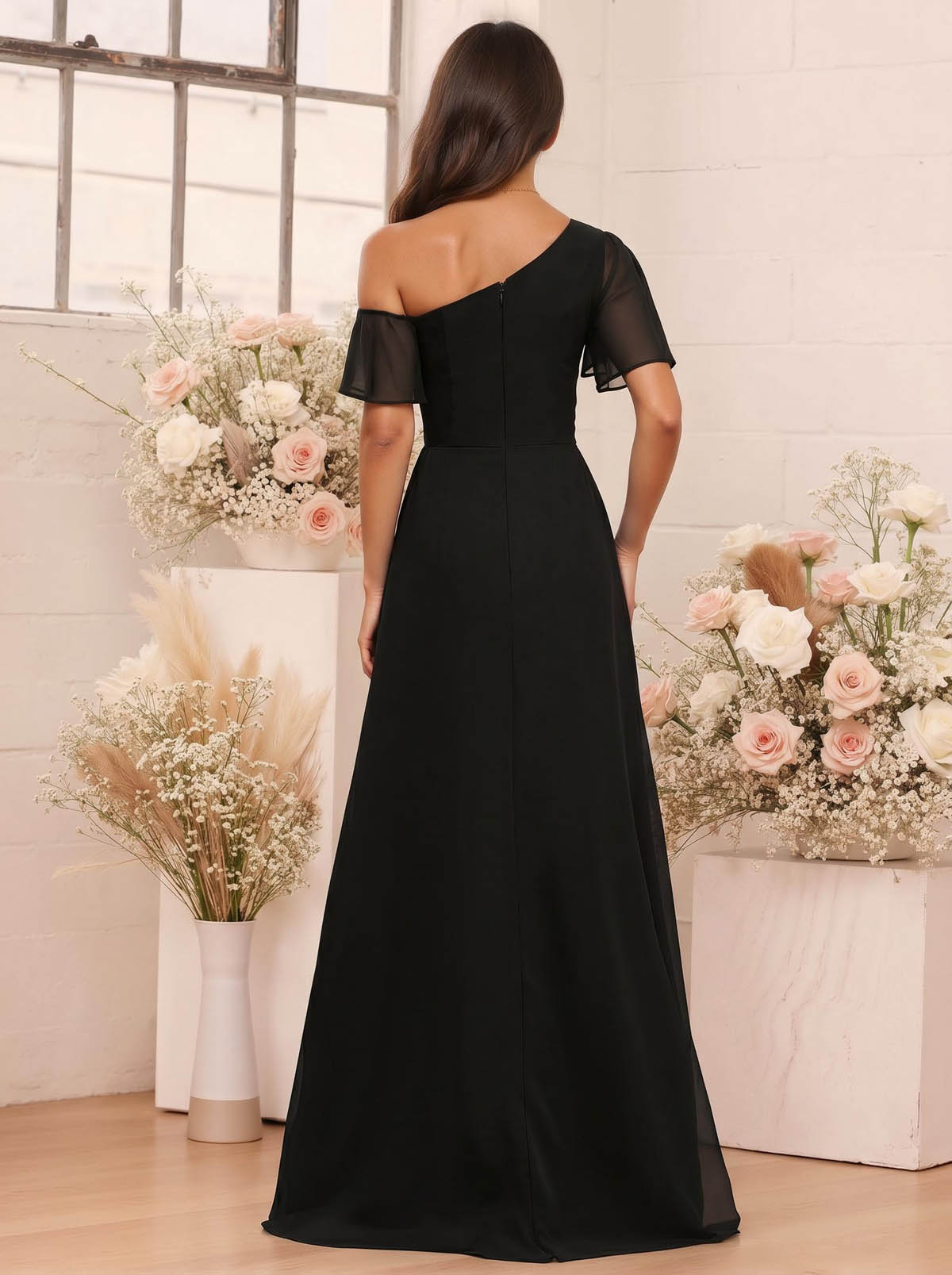 A-Line One-Shoulder Short Sleeves Floor-Length Chiffon Bridesmaid Dresses, product image 77