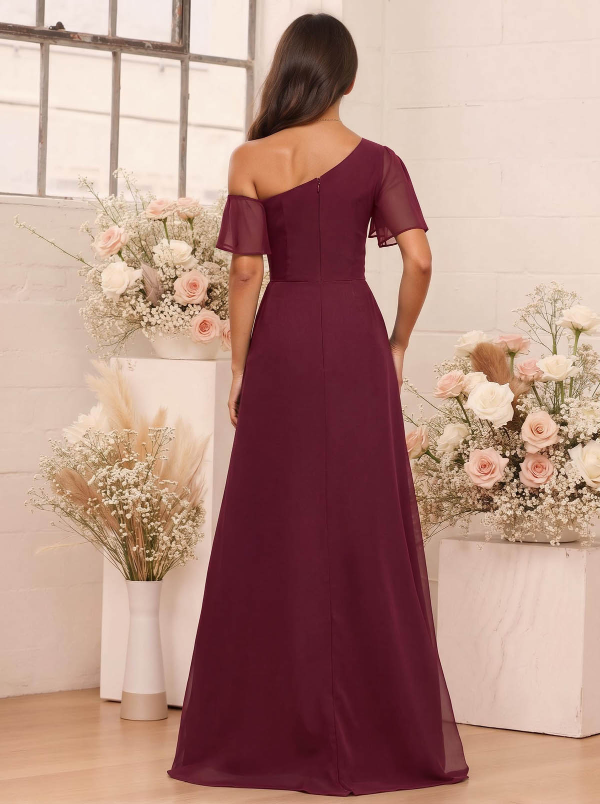 A-Line One-Shoulder Short Sleeves Floor-Length Chiffon Bridesmaid Dresses, product image 21
