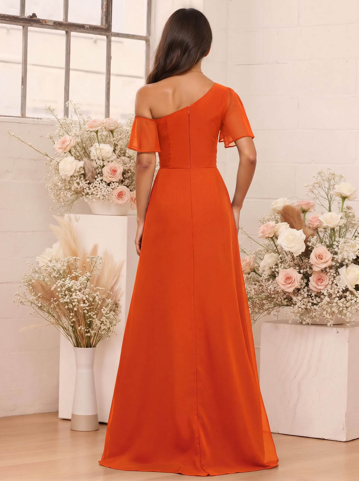 A-Line One-Shoulder Short Sleeves Floor-Length Chiffon Bridesmaid Dresses, product image 81