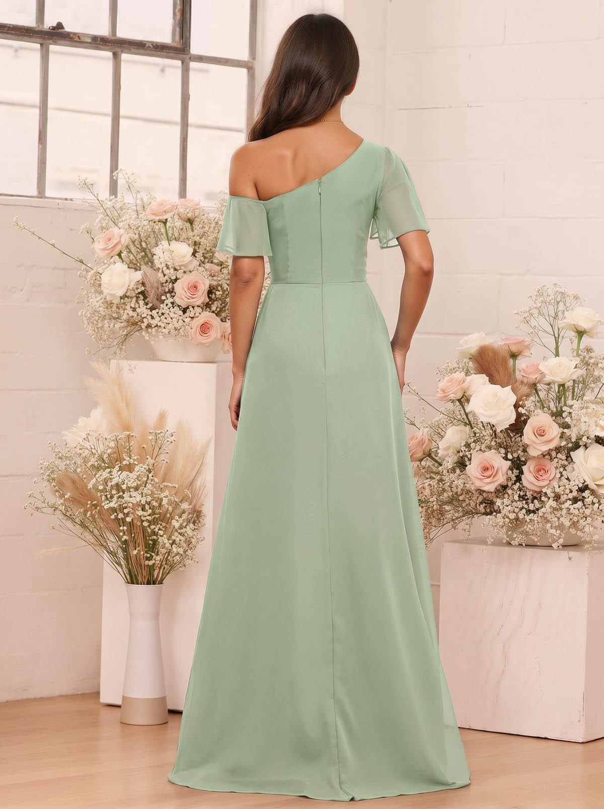 A-Line One-Shoulder Short Sleeves Floor-Length Chiffon Bridesmaid Dresses, product image 55