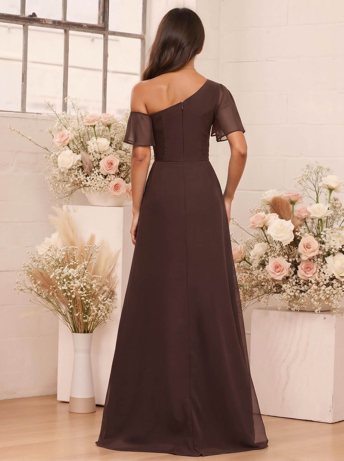 A-Line One-Shoulder Short Sleeves Floor-Length Chiffon Bridesmaid Dresses, product image 69