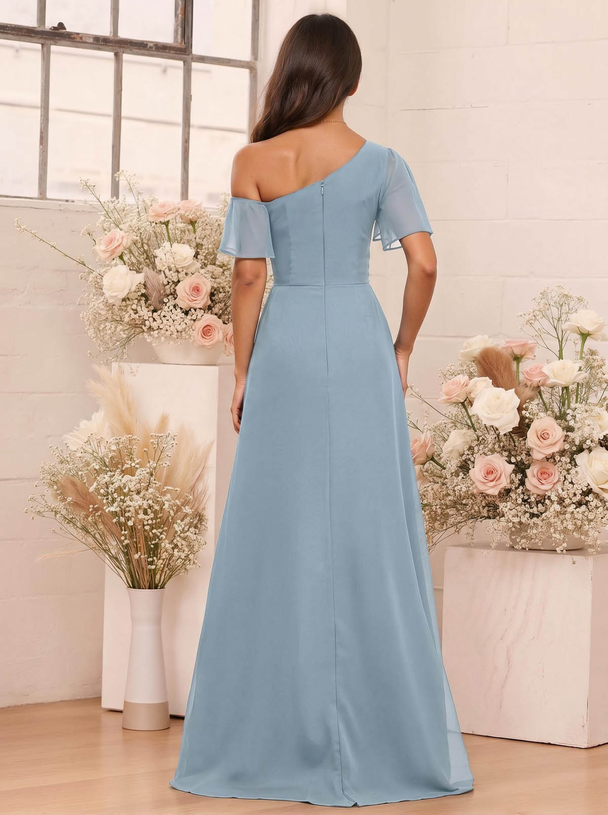 A-Line One-Shoulder Short Sleeves Floor-Length Chiffon Bridesmaid Dresses, product image 7