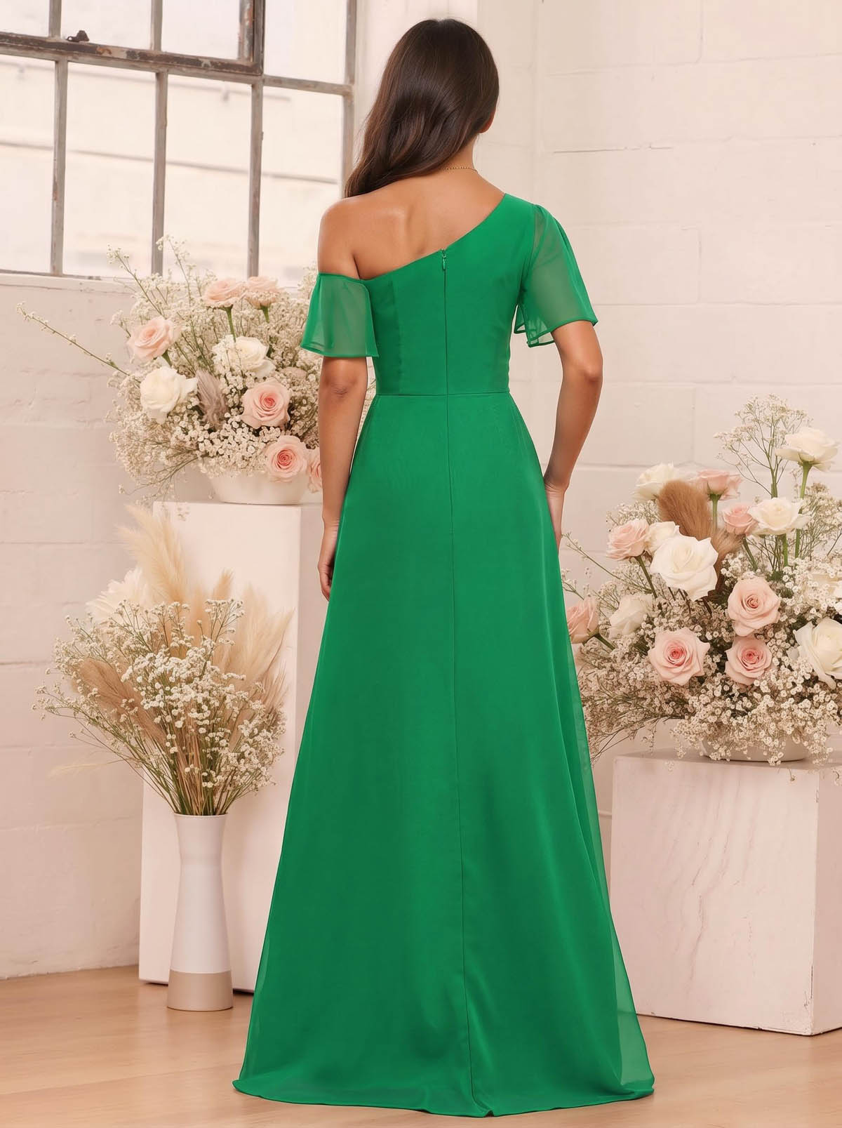 A-Line One-Shoulder Short Sleeves Floor-Length Chiffon Bridesmaid Dresses, product image 84