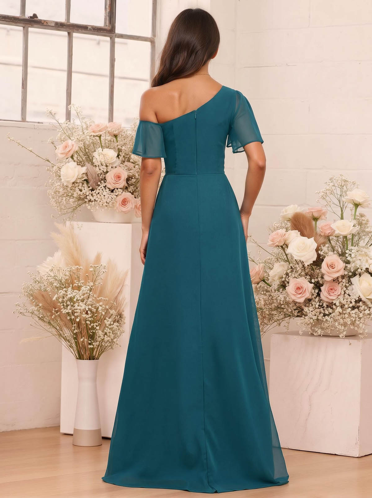A-Line One-Shoulder Short Sleeves Floor-Length Chiffon Bridesmaid Dresses, product image 10